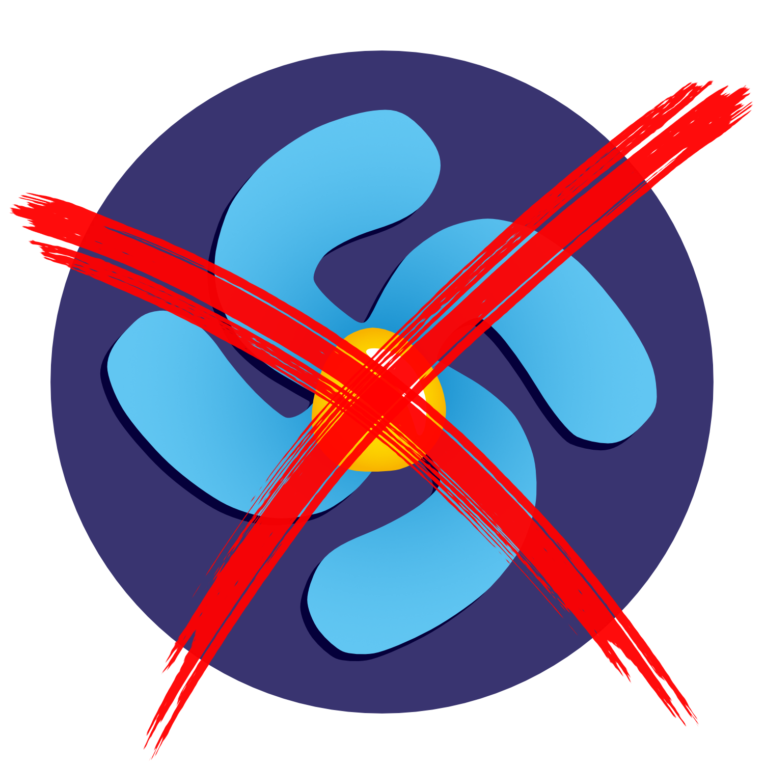 SDstika with dark blue background with red x mark over it. (An SDstika is the SD blue anemone modified to 4 light blue flower petals in the shape of a Nazi swastika with yellow center.)