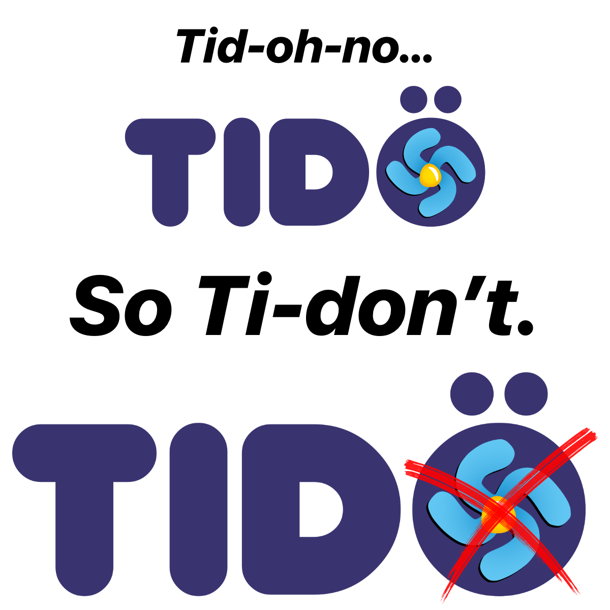Text: Tid-oh-no. Image of word Tidö with SDstika over the letter o. Text: So Ti-don't. Image of word Tidö with SDstika over the letter o crossed out with red lines.